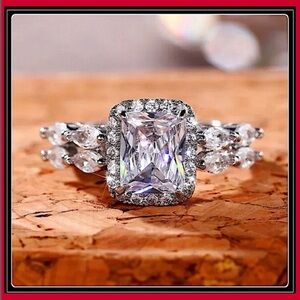 New silver 5g square cut princess pave simulated diamond baguette ring